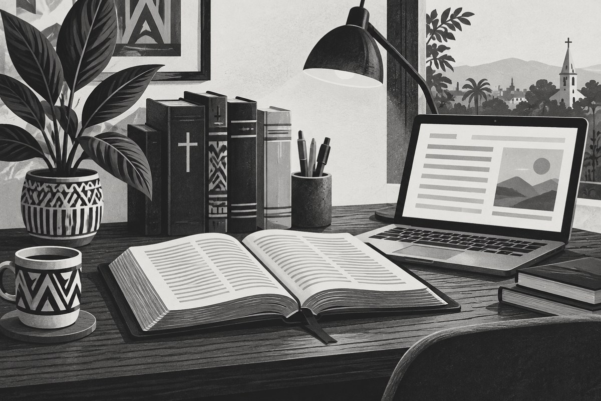 Illustration of books and digital tools for Bible study and learning.