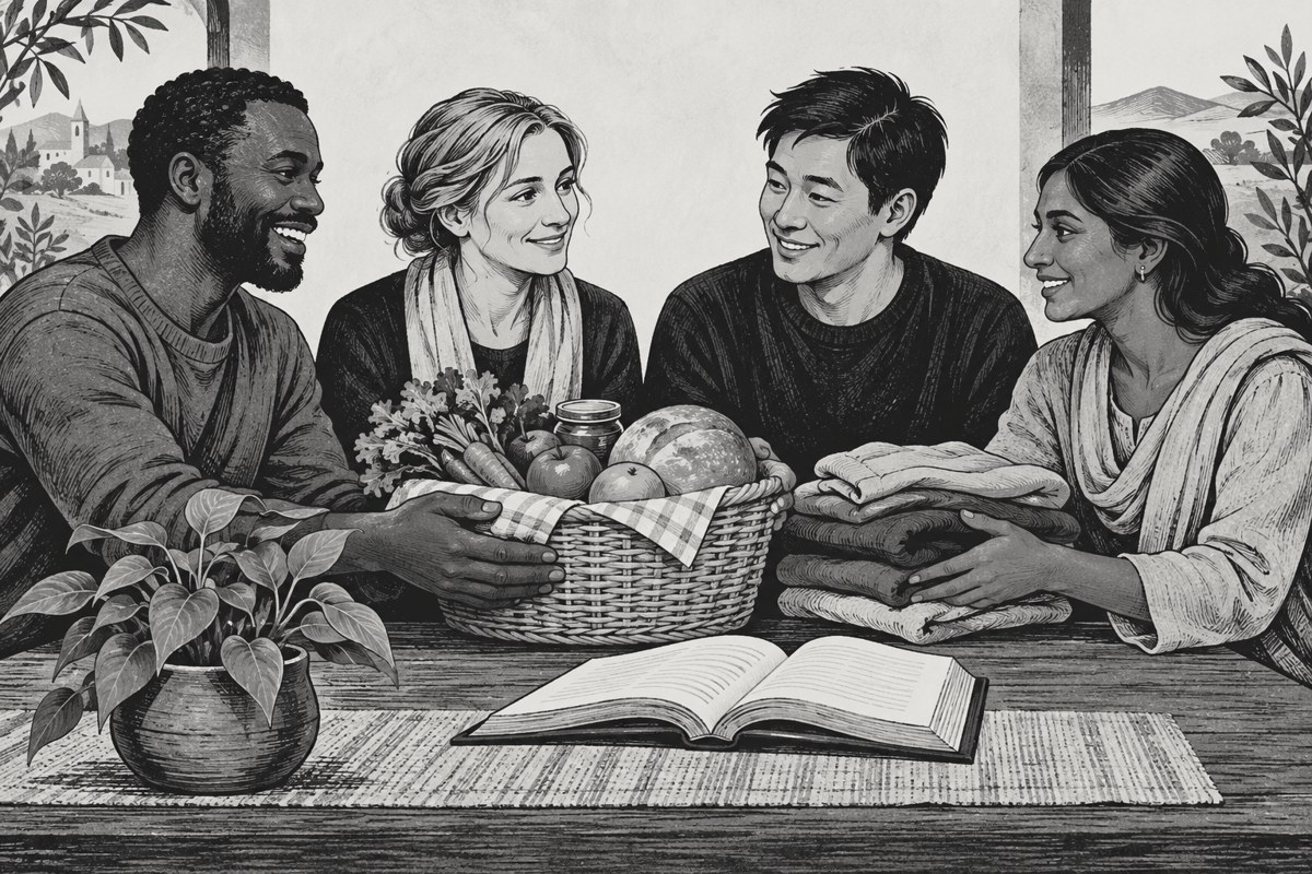 Illustration of neighbours sharing food and clothing with dignity.